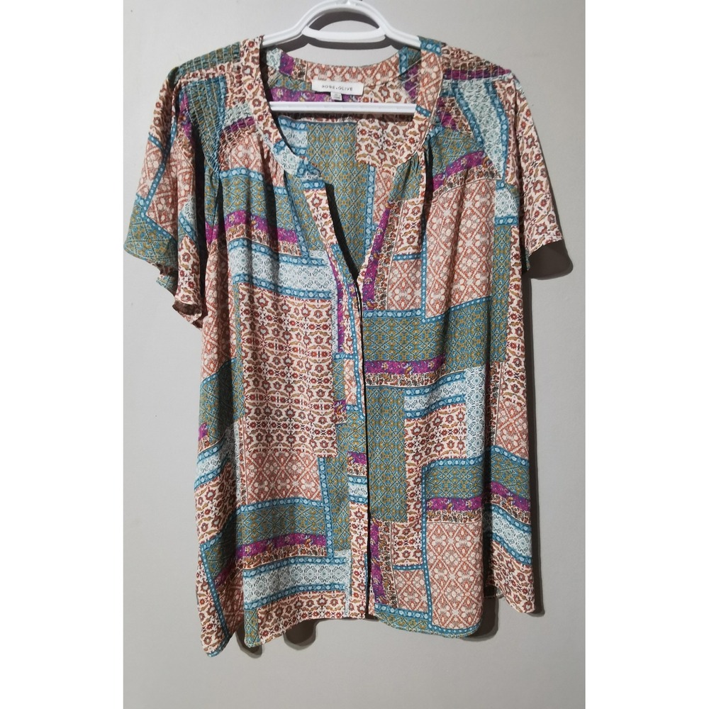 Rose & Olive Women Patchwork Print‎ Split Neck Blouse Short Sleeve Boho Top L